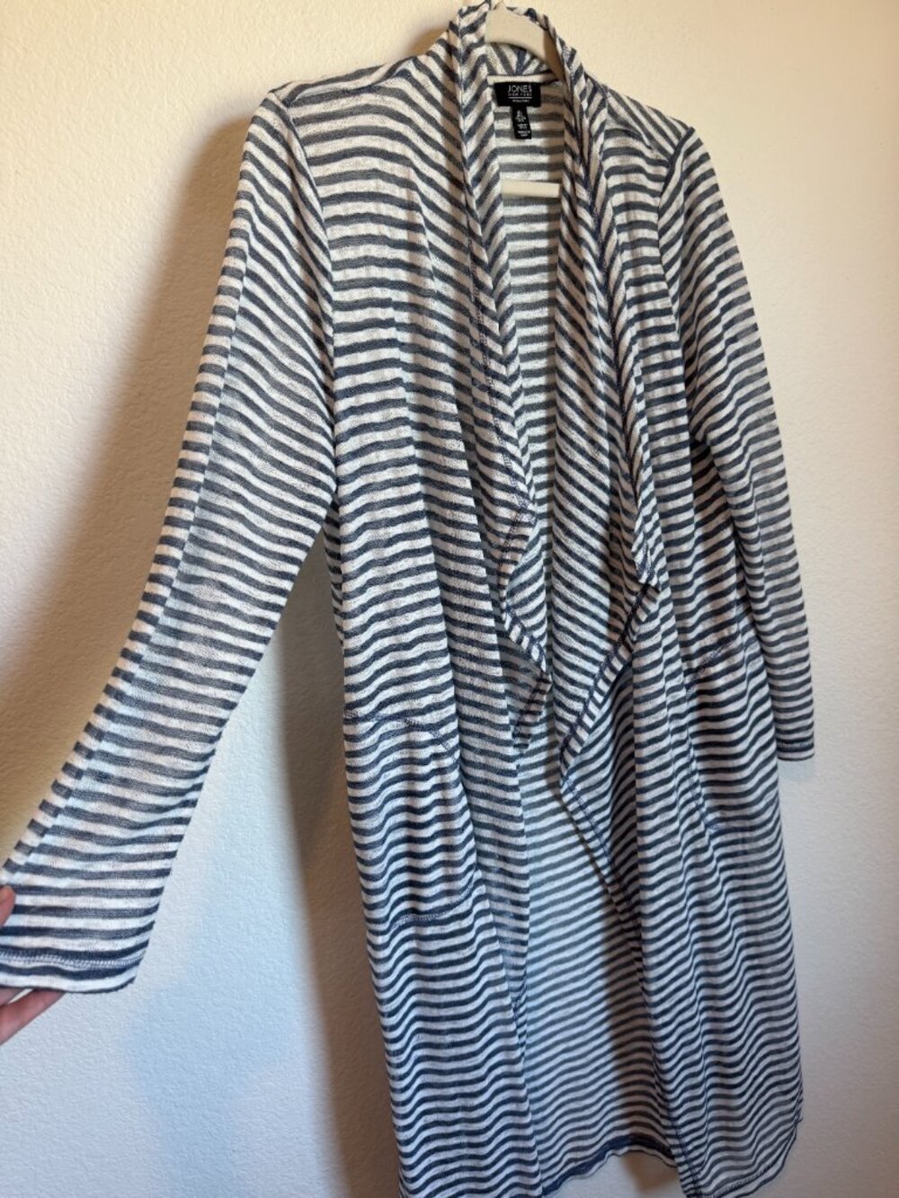 Jones New York Signature Long Striped Duster Cardigan Blue White Lightweight L - Picture 3 of 8